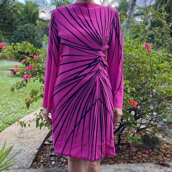 Vintage Pink Black Stripe Long Trumpet Boat Neck Sleeve Knee Length Dress! - Picture 4 of 12